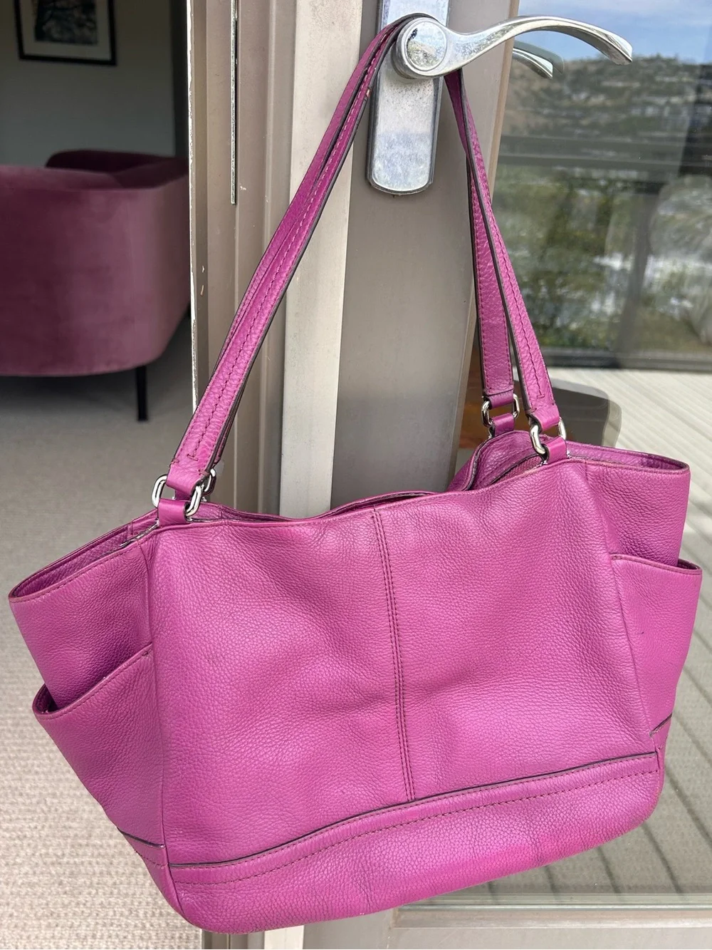 Purple plum pebbled leather Coach Park Carrie Tote